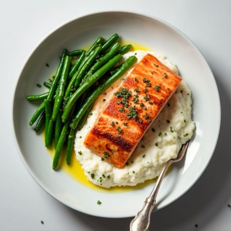 Seared Salmon with Steamed Green Beans and Cauliflower Mash