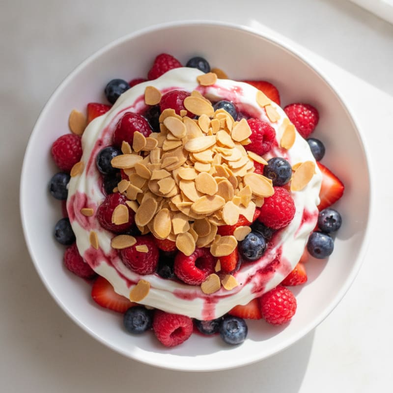 Greek Yogurt Protein Parfait with Mixed Berries and Almonds
