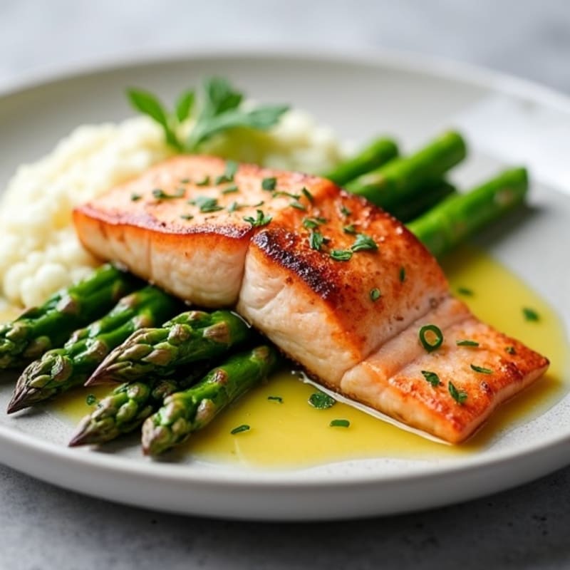 Seared Salmon with Steamed Asparagus and Cauliflower Mash