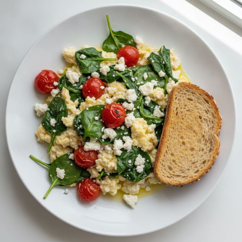 Egg White and Spinach Scramble with Feta and Roasted Tomatoes