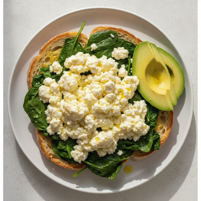 Scrambled Eggs with Cottage Cheese and Sautéed Spinach
