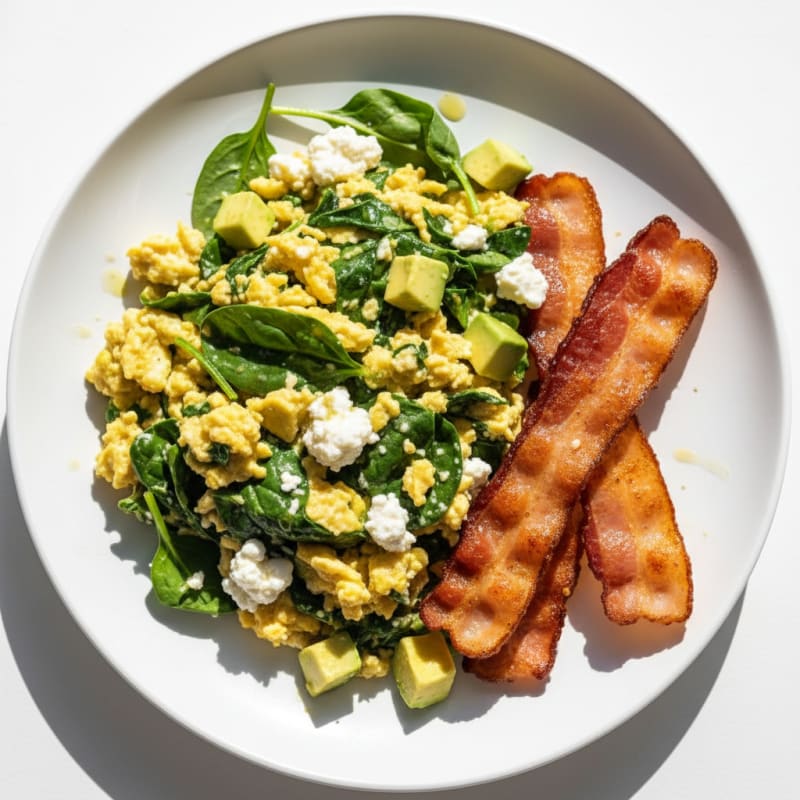 Cottage Cheese Scramble with Spinach and Turkey Bacon