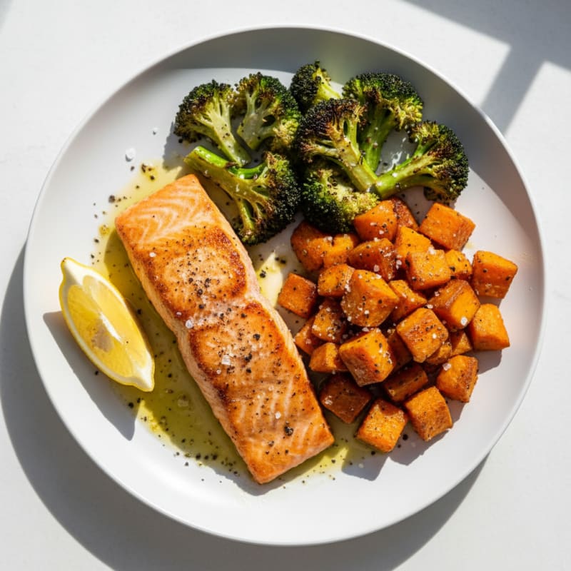 Golden Pan-Seared Salmon with Roasted Sweet Potatoes