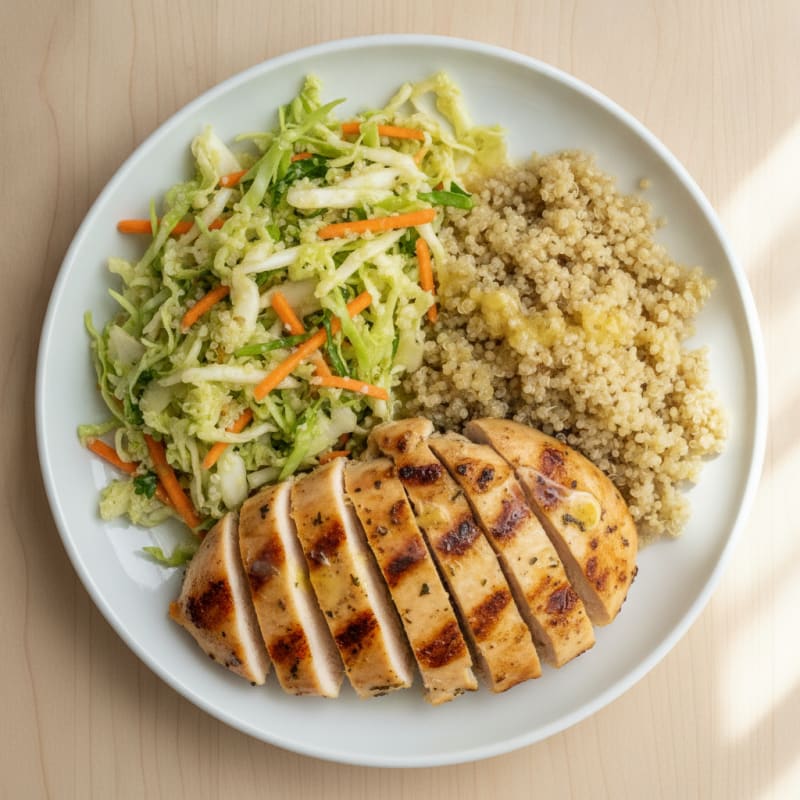 Grilled Chicken Breast with Crunchy Cabbage Slaw and Quinoa