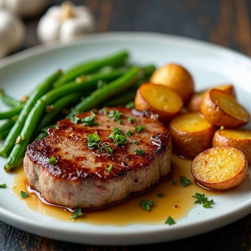 Pan-Seared Steak with Crispy Garlic Roasted Potatoes and Fresh Green Beans