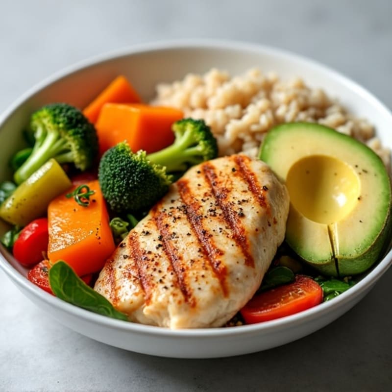 Seared Chicken with Sautéed Vegetables, Creamy Avocado and Steamed Rice