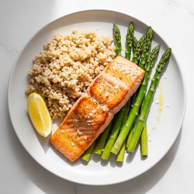 Seared Salmon Fillet with Steamed Asparagus and Brown Rice