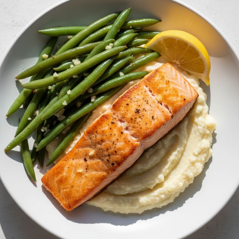 Seared Salmon with Garlic Green Beans and Cauliflower Mash