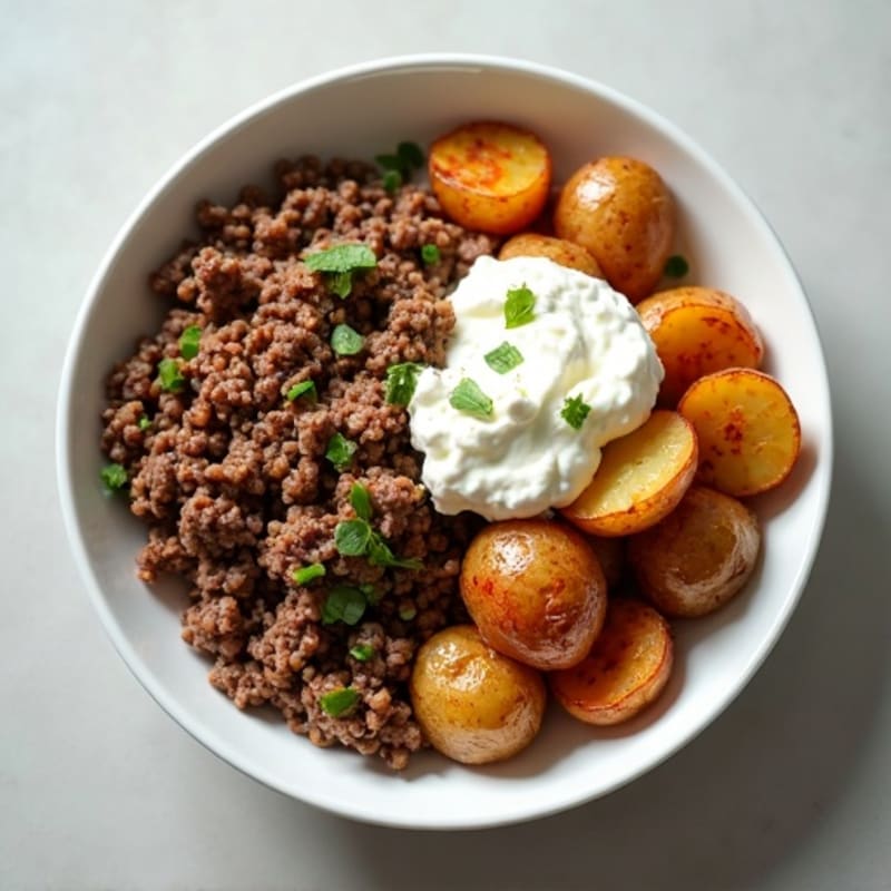 Savory Lean Ground Beef Bowl with Crispy Roasted Potatoes and Creamy Cottage Cheese