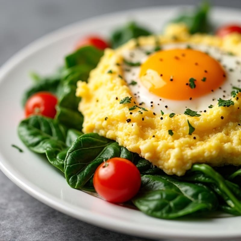 Fluffy Scrambled Eggs with Sautéed Spinach and Cherry Tomatoes