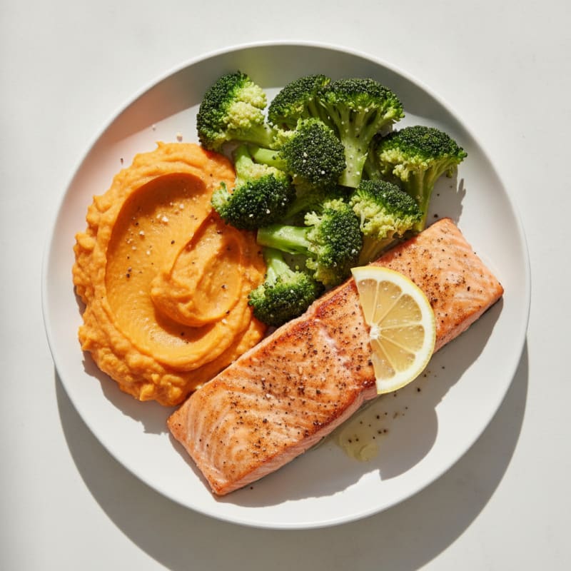 Roasted Salmon with Steamed Broccoli and Sweet Potato Mash