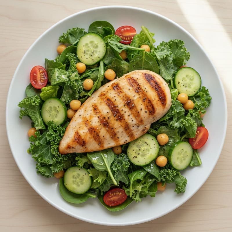 Grilled Chicken Breast Salad with Mixed Greens and Chickpeas