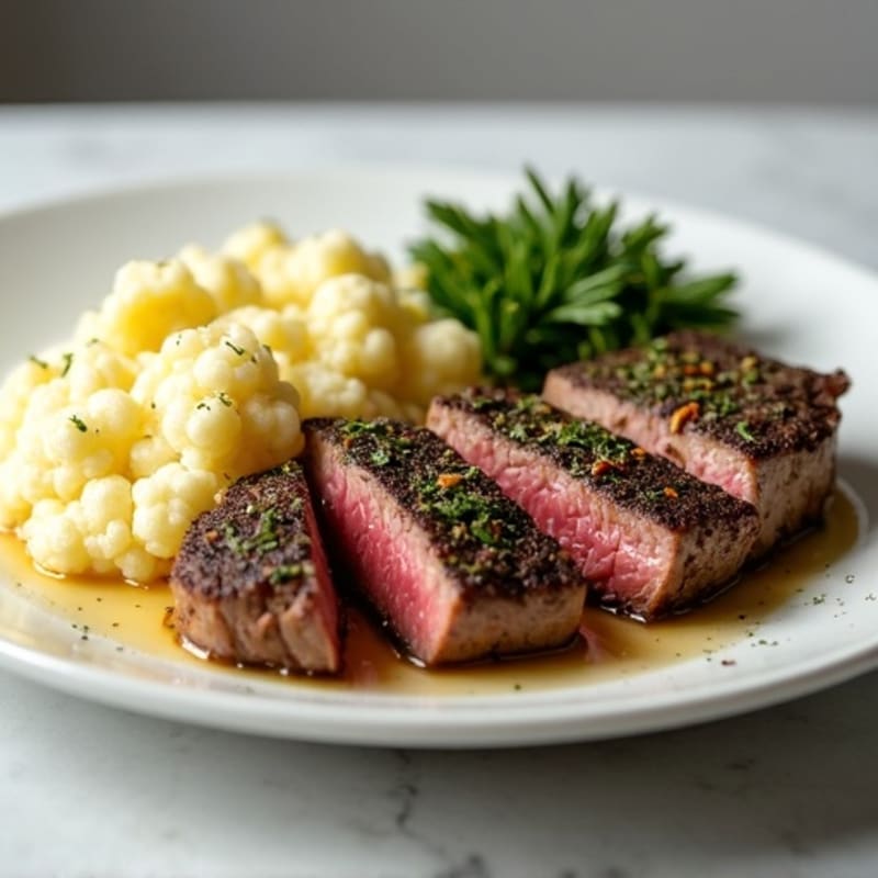 Herb-Crusted Pan Seared Steak with Roasted Garlic Mashed Cauliflower
