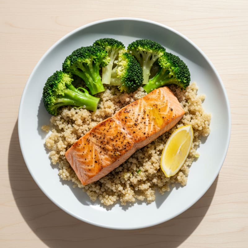 Seared Salmon with Steamed Broccoli and Quinoa