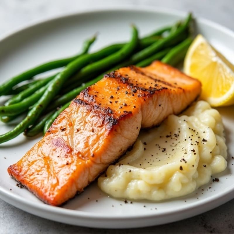 Seared Salmon with Garlic Green Beans and Cauliflower Mash