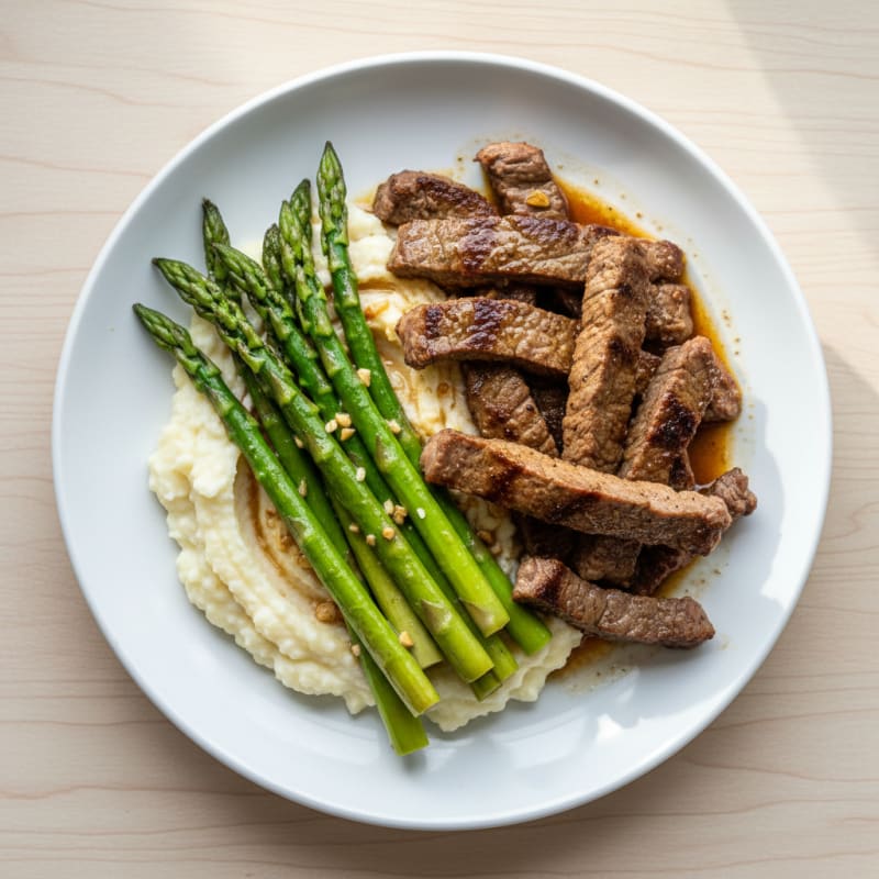 Seared Beef Strips with Steamed Asparagus and Cauliflower Mash