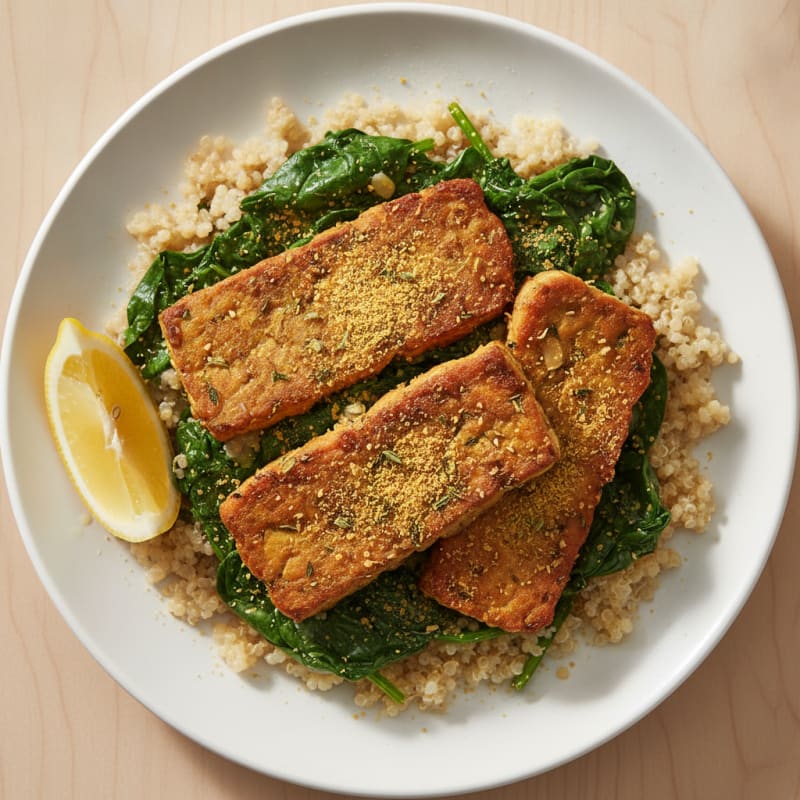 Herb-Roasted Tempeh with Garlic Spinach and Quinoa
