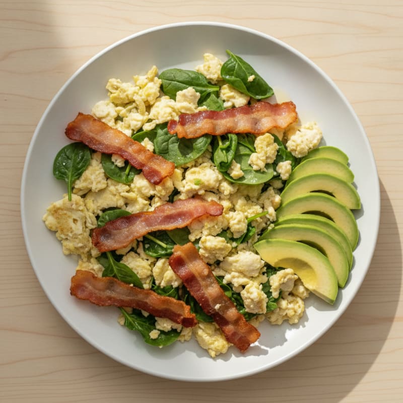Crispy Turkey Bacon and Egg White Scramble with Spinach