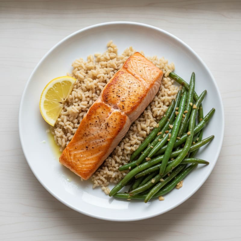Seared Salmon with Garlic Green Beans and Brown Rice