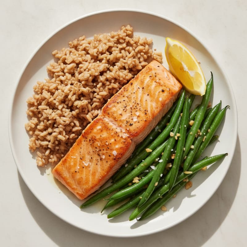 Seared Salmon Fillet with Garlic Green Beans and Brown Rice