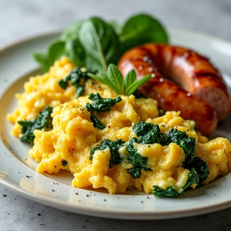 Fluffy Scrambled Eggs with Sautéed Spinach and Lean Turkey Sausage