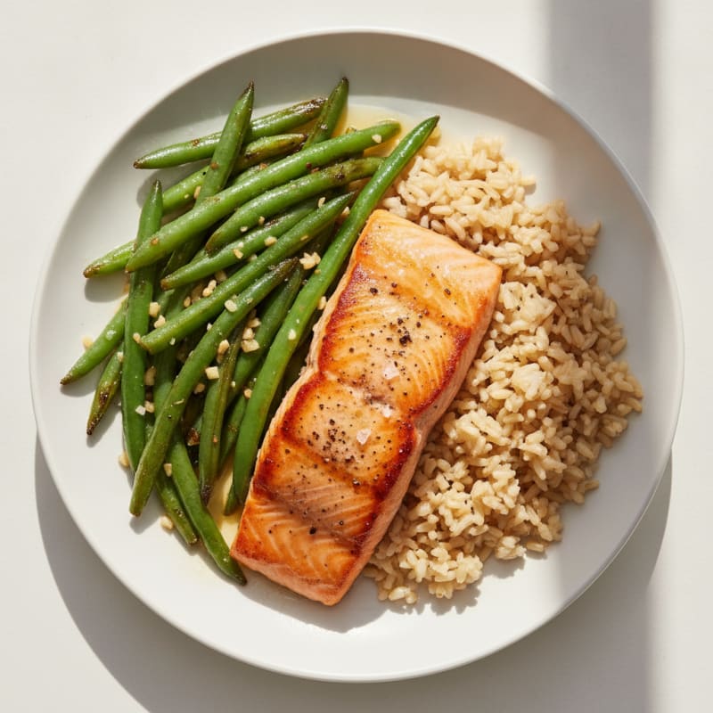 Seared Salmon with Garlic Green Beans and Brown Rice