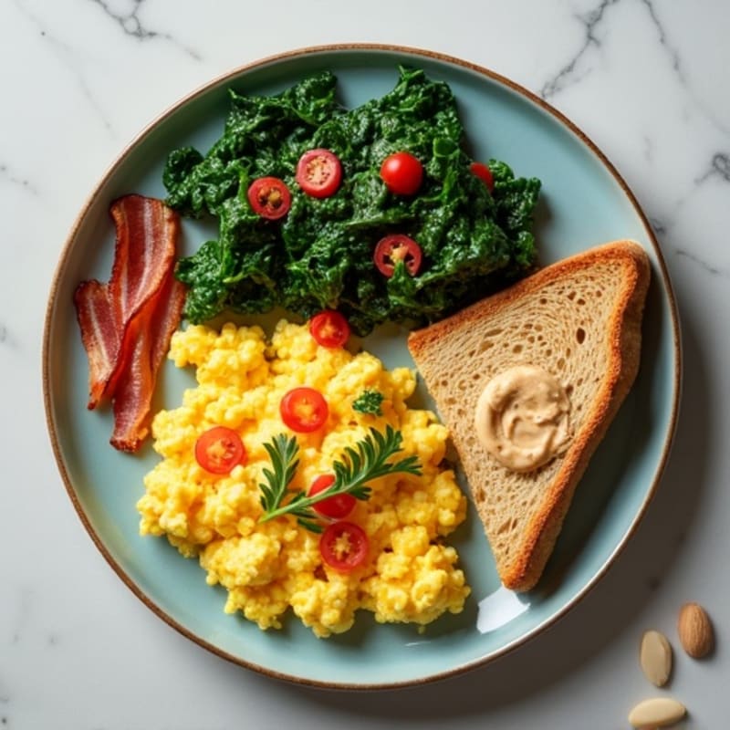 Crispy Turkey Bacon and Egg White Scramble with Sautéed Spinach
