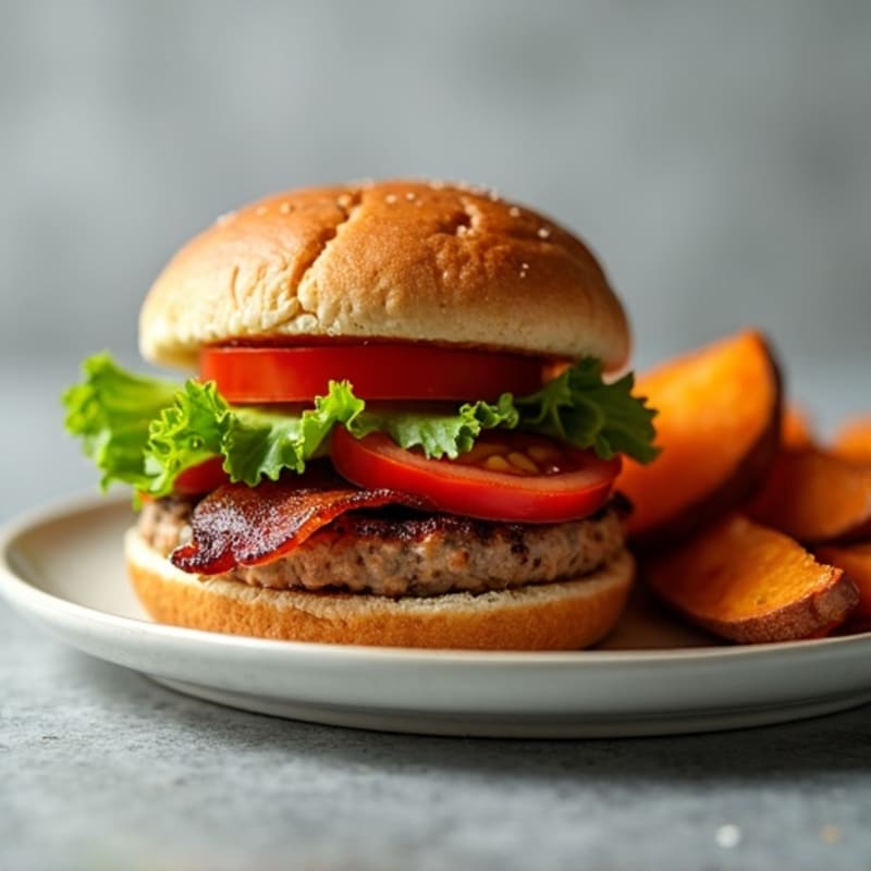 Lean Turkey Bacon Burger with Crispy Baked Sweet Potato Wedges