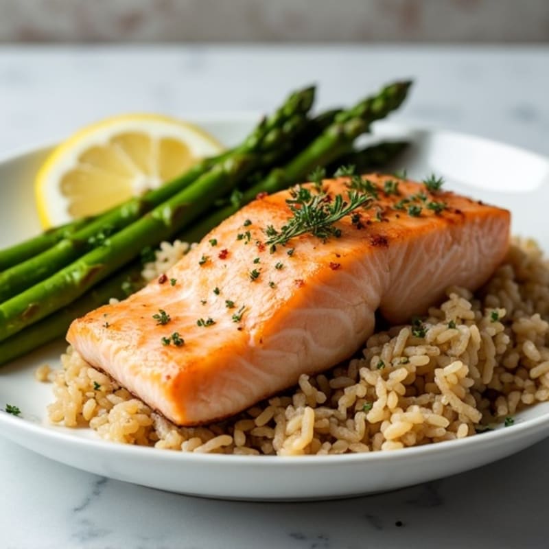 Seared Salmon with Steamed Asparagus and Brown Rice