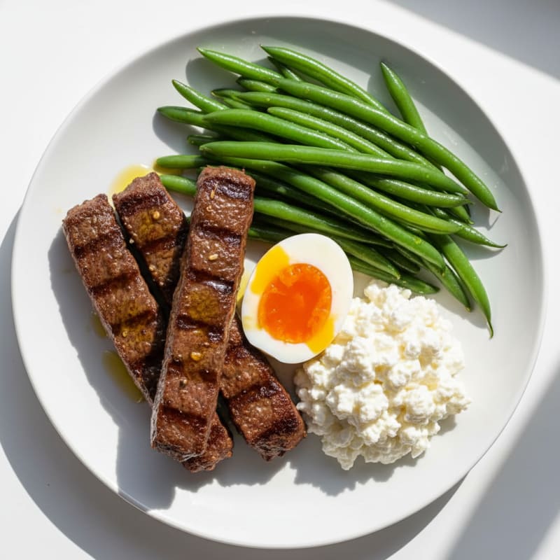 Seared Beefsticks with Steamed Green Beans and Cottage Cheese