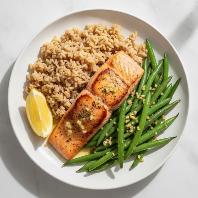 Seared Salmon Fillet with Garlic Green Beans and Brown Rice