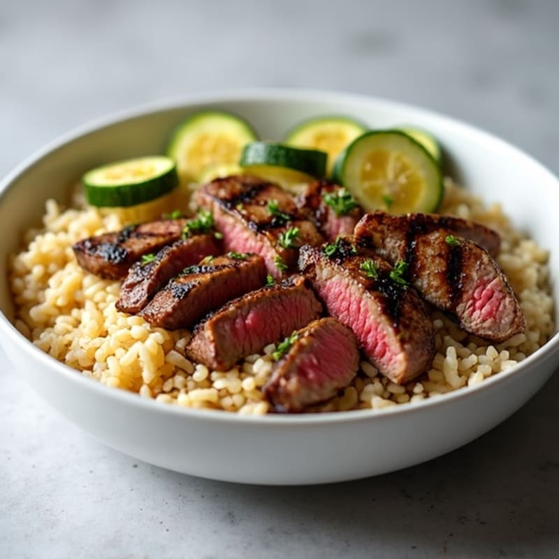 Grilled Steak and Zucchini Rice Bowl with Onions