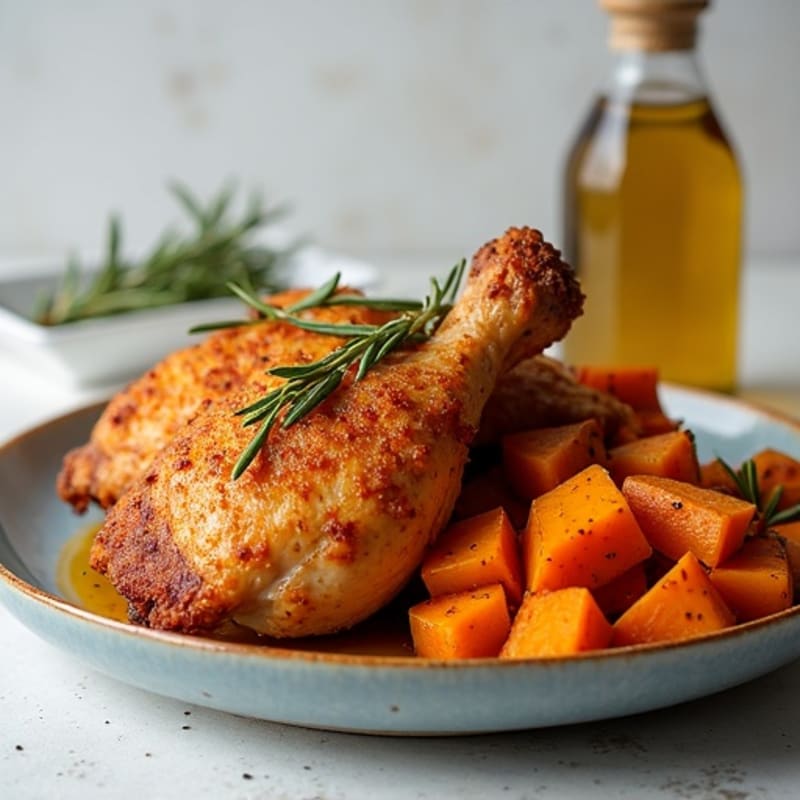 Crispy Baked Chicken Thighs with Roasted Sweet Potatoes