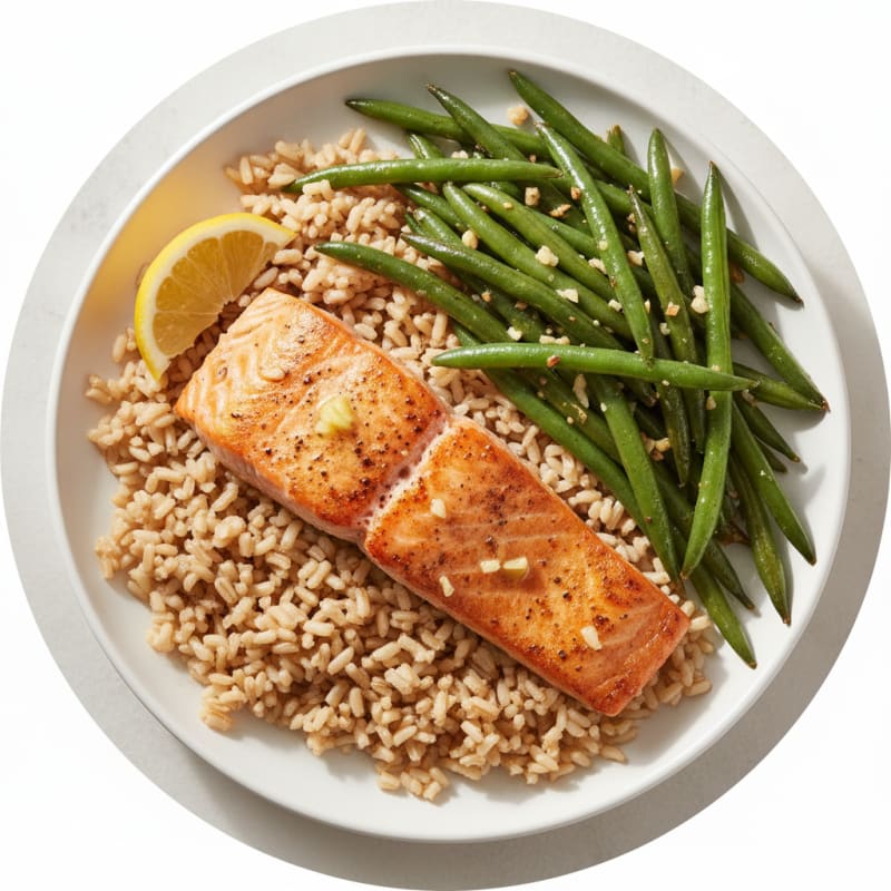 Seared Salmon with Garlic Green Beans and Brown Rice