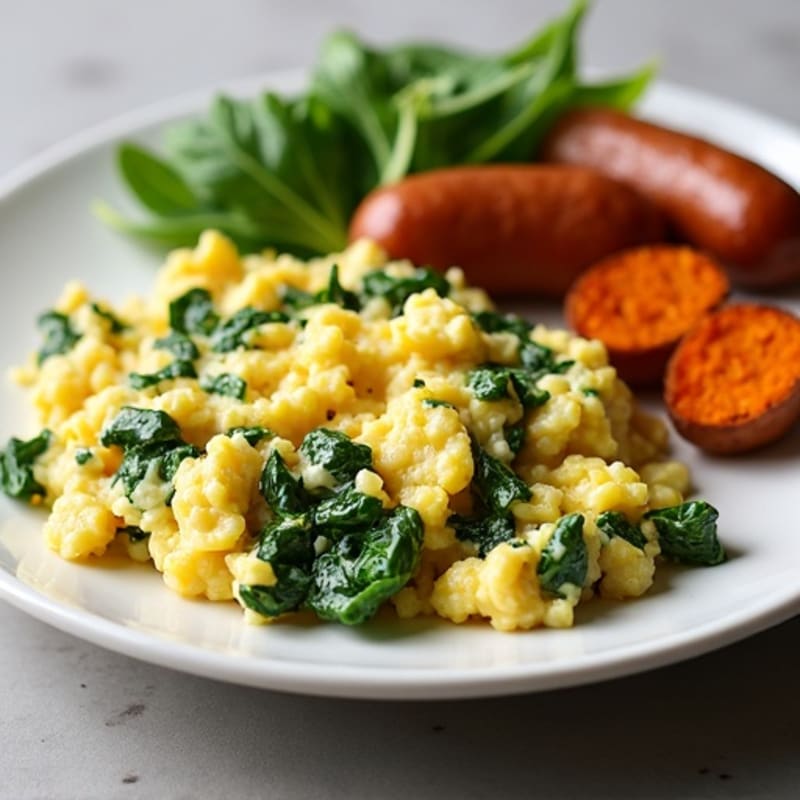 Egg White and Spinach Scramble with Turkey Sausage and Roasted Sweet Potatoes