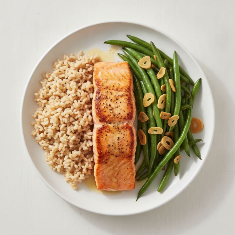 Seared Salmon with Garlic Green Beans and Brown Rice