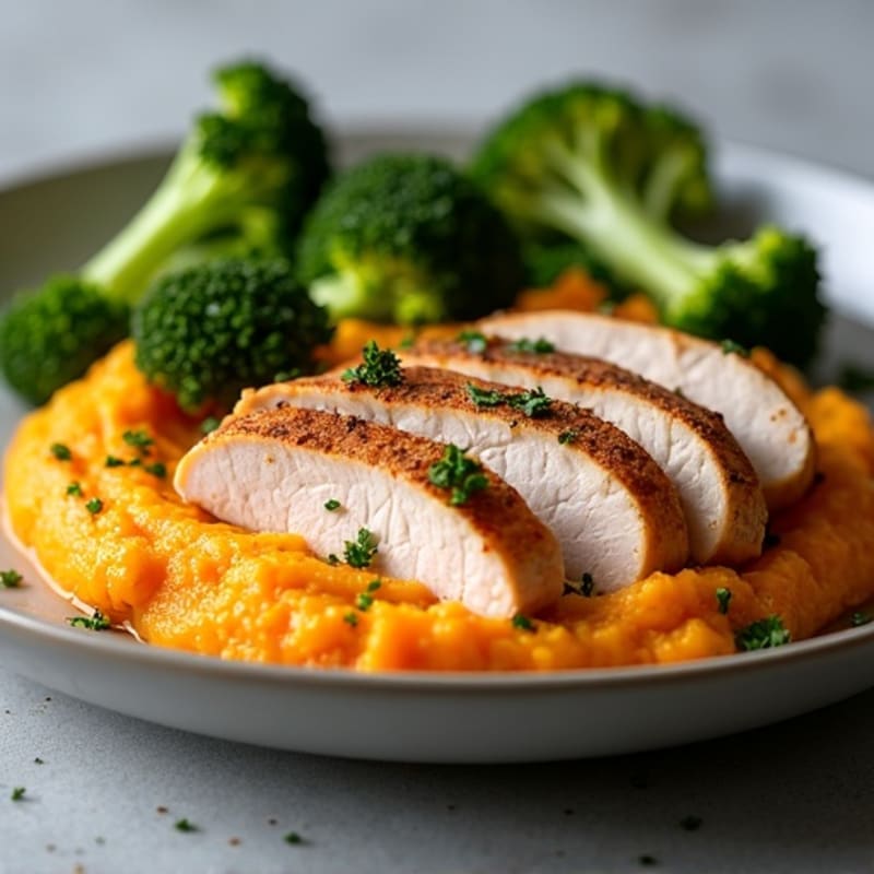 Seared Turkey Breast with Roasted Broccoli and Sweet Potato Mash