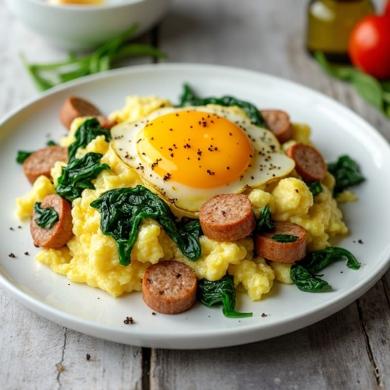 Egg White and Chicken Sausage Scramble with Sautéed Spinach