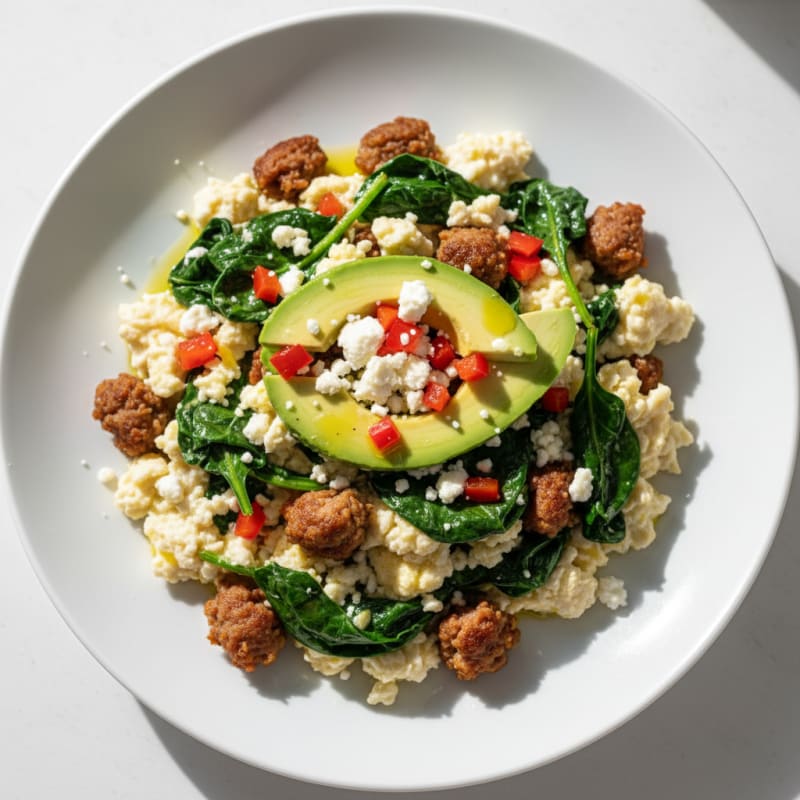 Egg White Scramble with Turkey Sausage and Sautéed Spinach