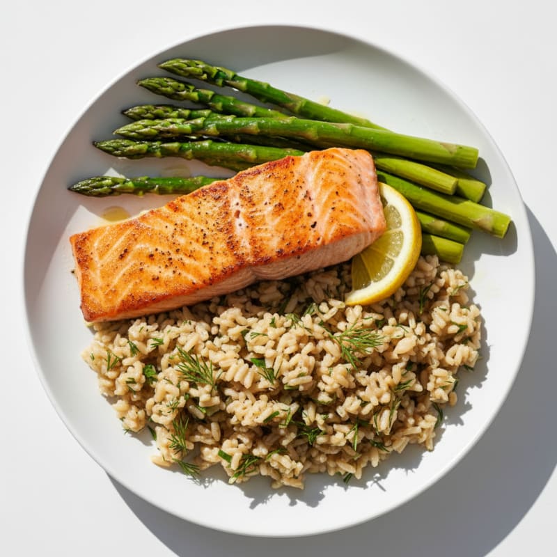 Seared Salmon with Steamed Asparagus and Herbed Brown Rice
