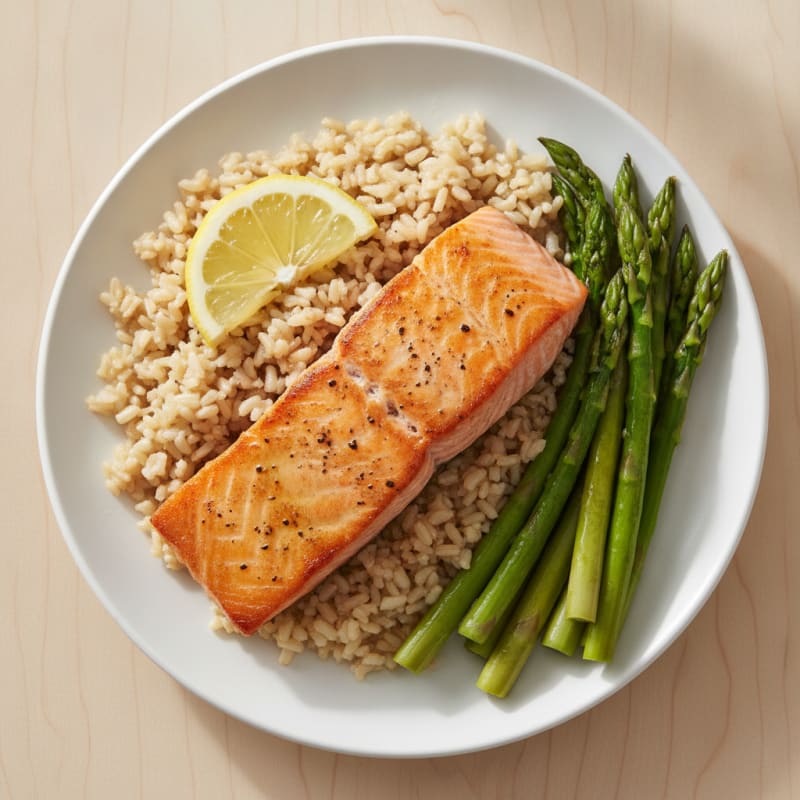 Seared Salmon with Steamed Asparagus and Brown Rice