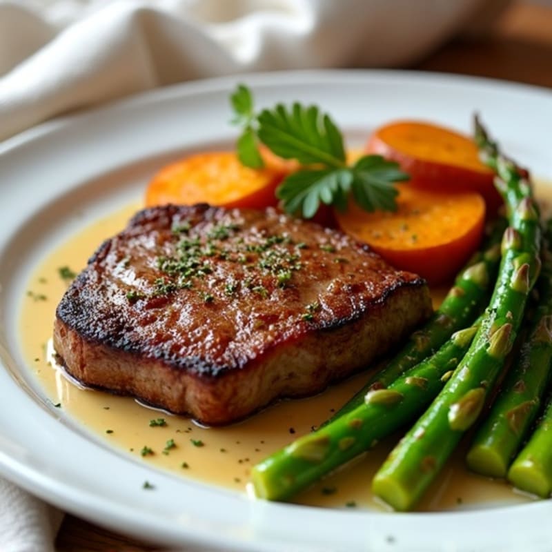 Pan-Seared Steak with Roasted Asparagus and Sweet Potatoes