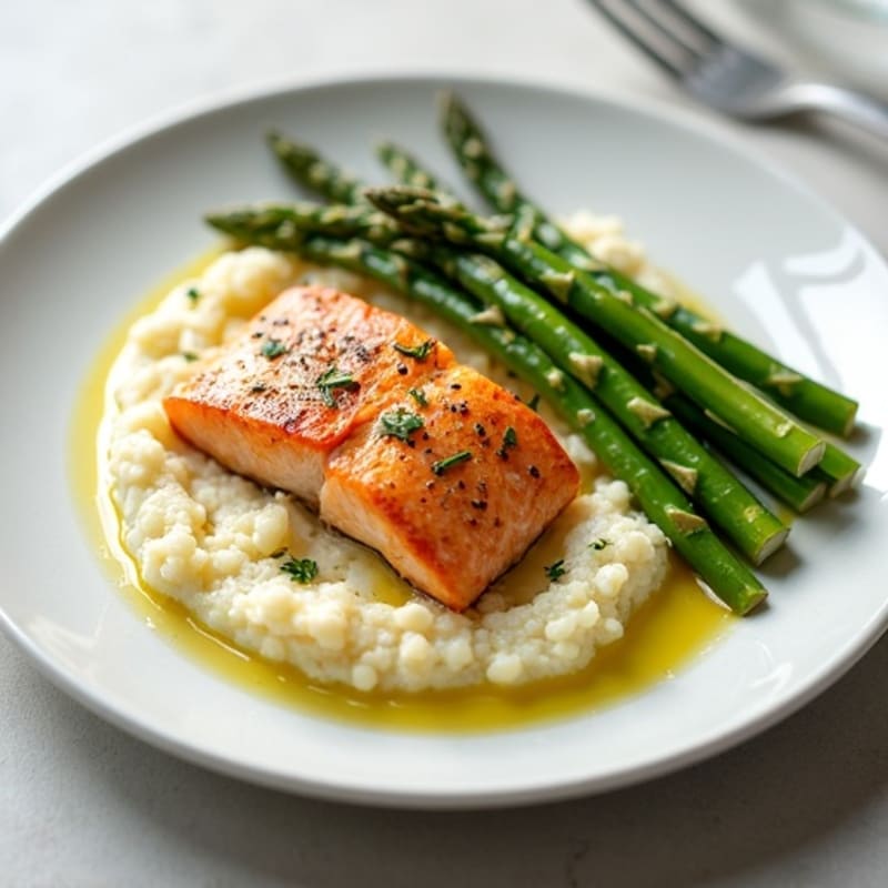 Seared Salmon with Steamed Asparagus and Garlic Cauliflower Mash