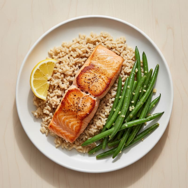 Seared Salmon with Garlic Green Beans and Brown Rice
