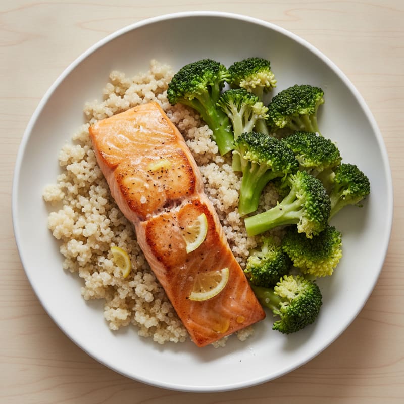 Seared Salmon with Steamed Broccoli and Quinoa