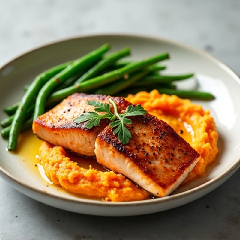 Seared Salmon with Garlic Green Beans and Sweet Potato Mash