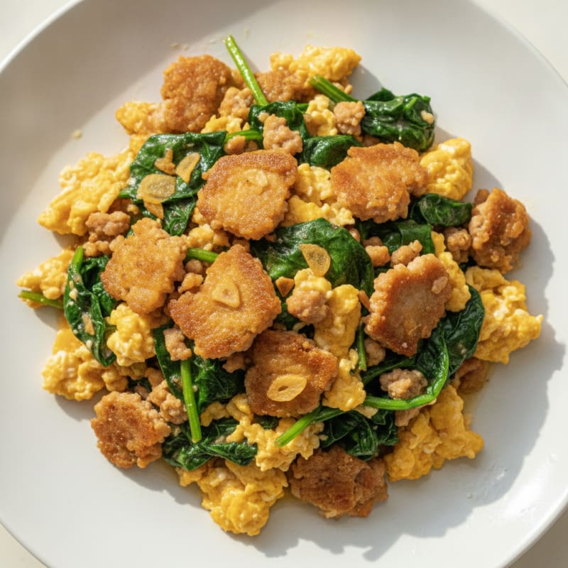Crispy Pork and Spinach Egg Scramble