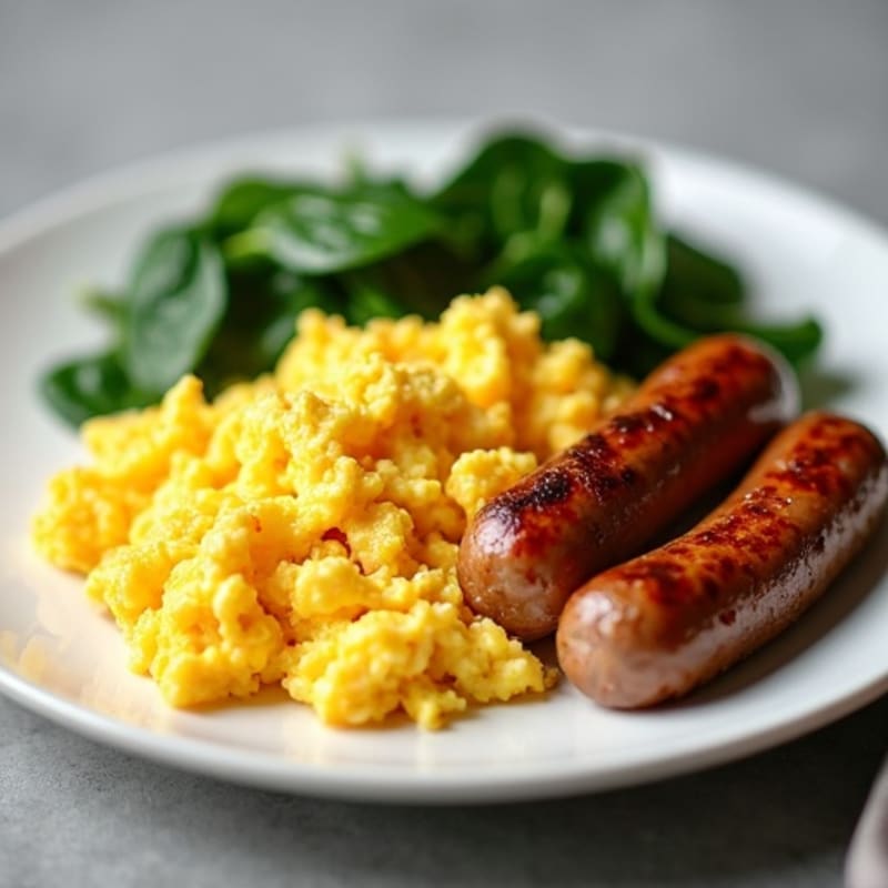 Fluffy Scrambled Eggs with Turkey Sausage and Sautéed Spinach