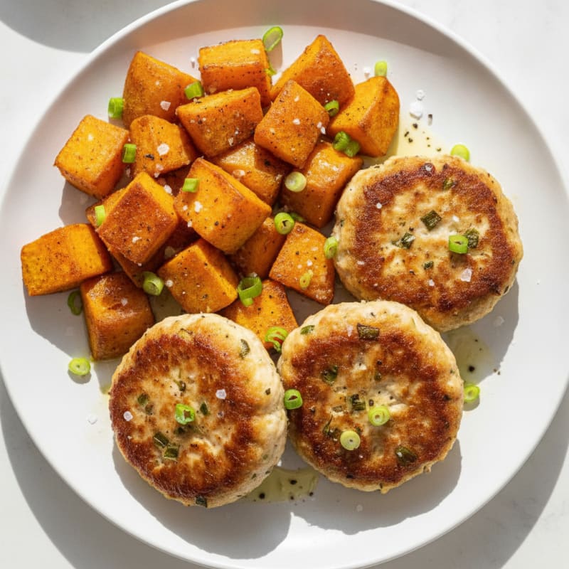 Chicken Patties with Roasted Sweet Potatoes