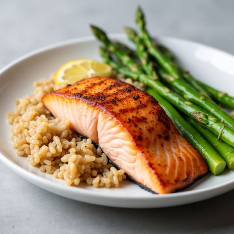 Seared Salmon with Steamed Asparagus and Brown Rice